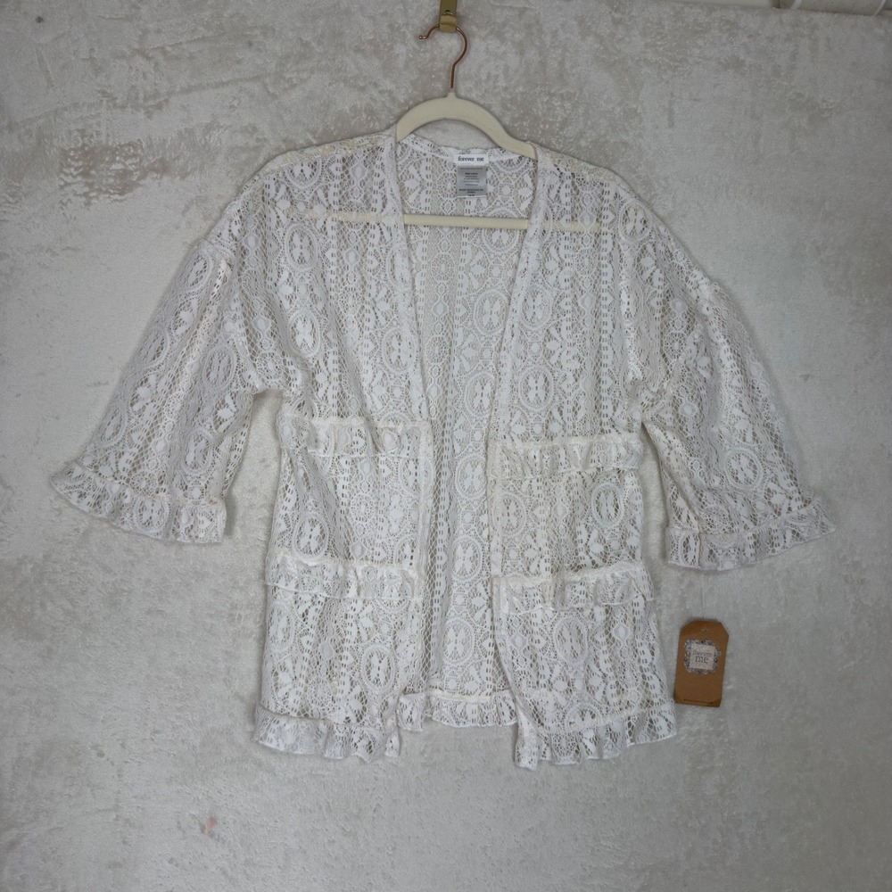 Forever Me White Crochet Lace Ruffle Cardigan Kimono Boho Cottagecore Size M NWT